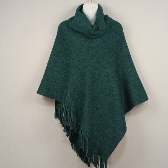 Chico's Women Jasper Green Knit Cowl Neck Poncho Sweater Fringe Boho Western - Picture 2 of 15